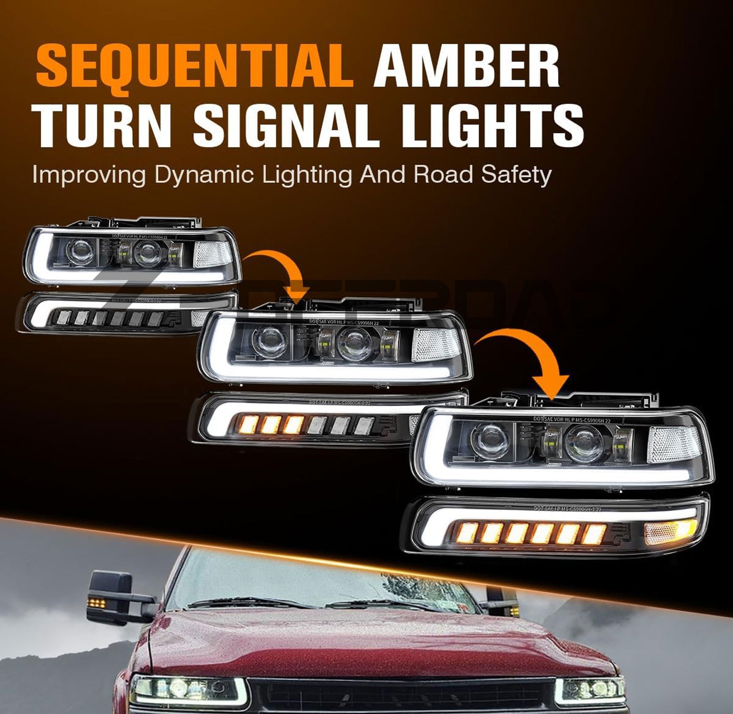 3rd Gen LED Replacement for 99'-06' Chevy Silverado Suburban Tahoe Headlight Assembly with Bumper Lights-Sequential Turn Signal clear reflector