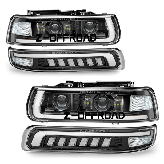 3rd Gen LED Replacement for 99'-06' Chevy Silverado Suburban Tahoe Headlight Assembly with Bumper Lights-Clear