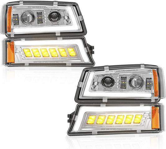 3rd Gen LED Headlight Assemblies with Bulbs Compatible with 03-06 Chevy Avalanche 1500 2500/Silverado 1500(HD) 2500(HD) 3500/07 Chevy Silverado Classic DRL Turn Signal High/Low Beam Black Housing Amber Reflector-Silver