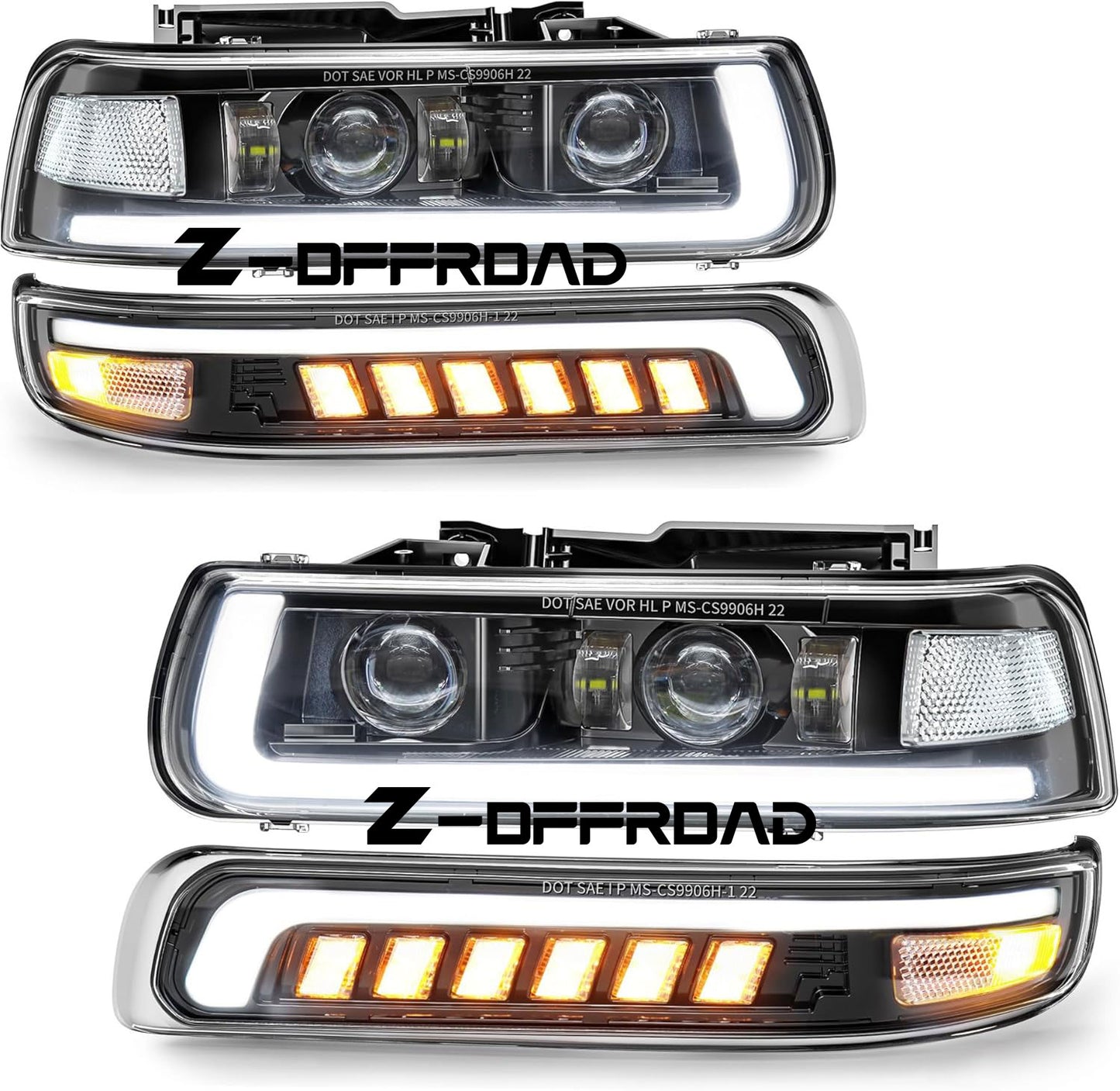 3rd Gen LED Replacement for 99'-06' Chevy Silverado Suburban Tahoe Headlight Assembly with Bumper Lights-Sequential Turn Signal clear reflector