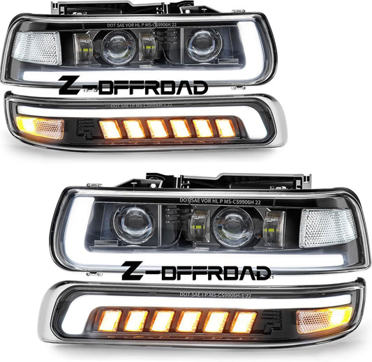 3rd Gen LED Replacement for 99'-06' Chevy Silverado Suburban Tahoe Headlight Assembly with Bumper Lights-Sequential Turn Signal clear reflector