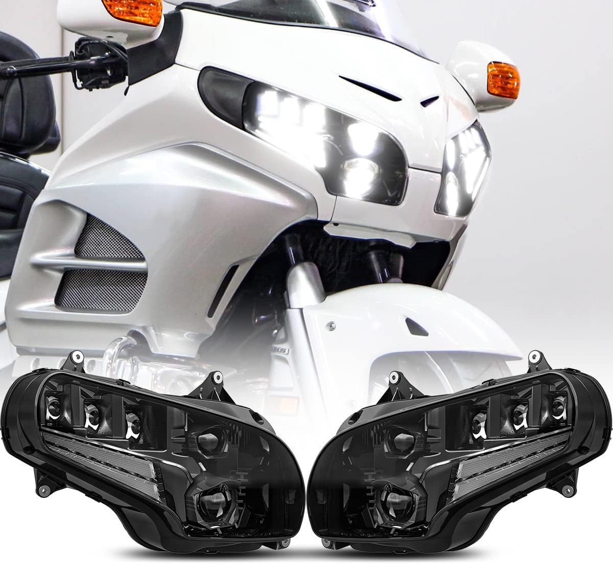 Motorcycle LED Headlights Assembly Full LED Performance Compatible with Honda Goldwing GL1800 2001 to 2017 Models High Low Beam DRL DOT SAE Approved Headlamps - Black
