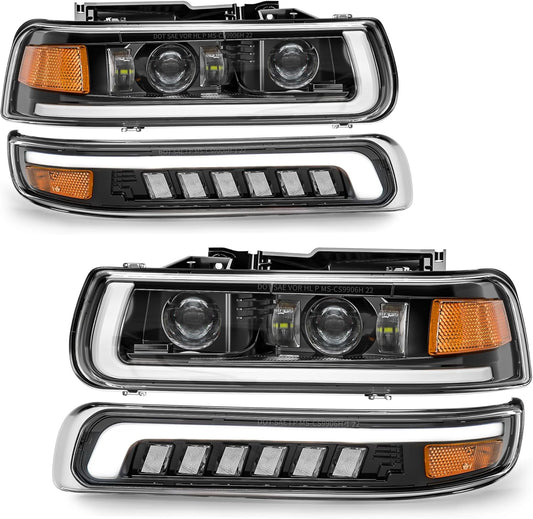 4th Gen LED Headlights Assembly Amber Side Marker-Pro Version for 1999-2002 Chevy Silverado 2000-2006 Chevy Suburban Tahoe (NOT FIT for GMC)