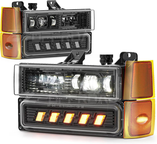 LED Headlight Assembly with Turn Signal Side Marker for OBS 1994-1999 Chevy Silverado Tahoe Suburban C/K 1500 2500 3500